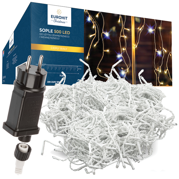 Lampki choinkowe - Lampki Sople Zewnętrzne 500LED FLASH 18M Białe Ciepłe EUROHIT Christmas (1)