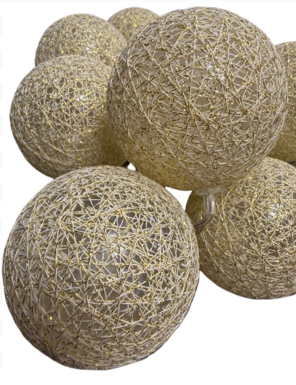 Boże Narodzenie - Ozdoba Świąteczna Cotton Balls kule 10 LED ze świecącą nitką  ZŁOTE (2)