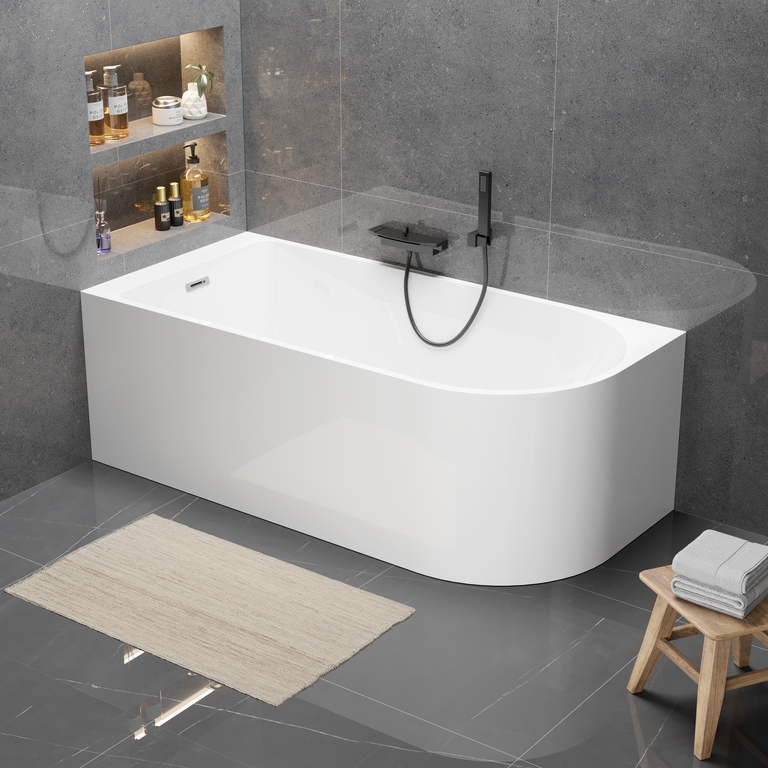 Wanny wolnostojące - Wanna wolnostojąca przyścienna NAROŻNA PORTO LEWA 180 x 80 x 58 cm biała system przelewowy boczny (3)