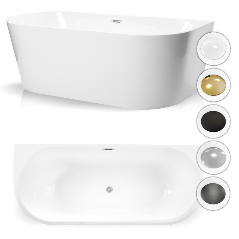 Wanny wolnostojące - Wanna wolnostojąca przyścienna 140 x 75 cm biała system przelewowy Pari (1)