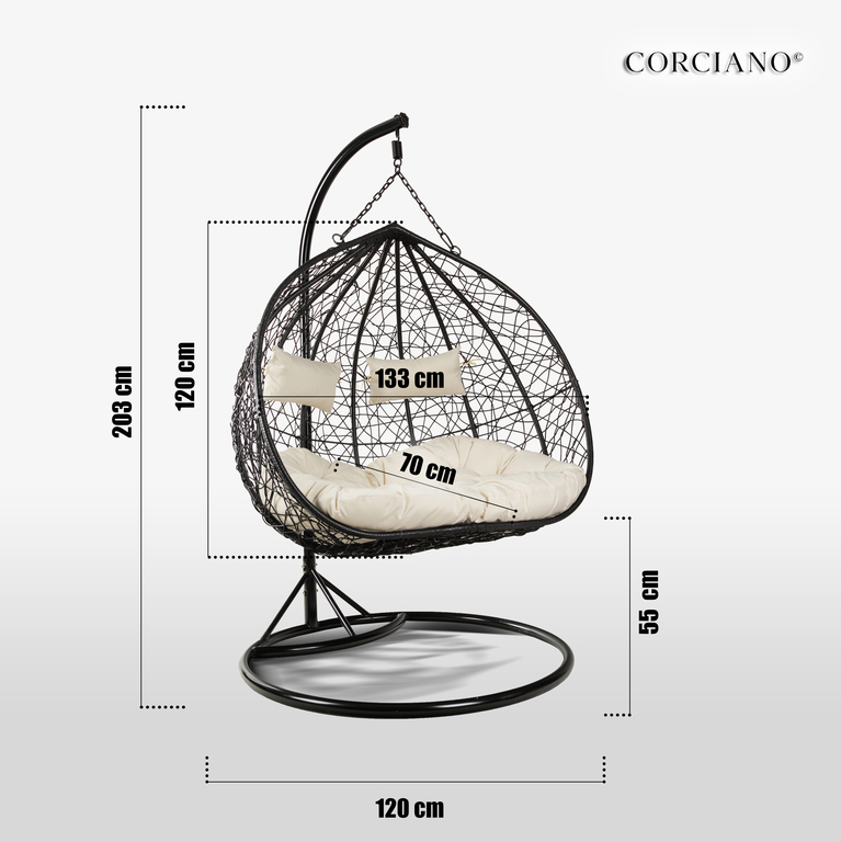 Fotele wiszące - Fotel wiszący do salonu Lila 2 Pro czarny stelaż czarny kosz poduszka ecru (7)