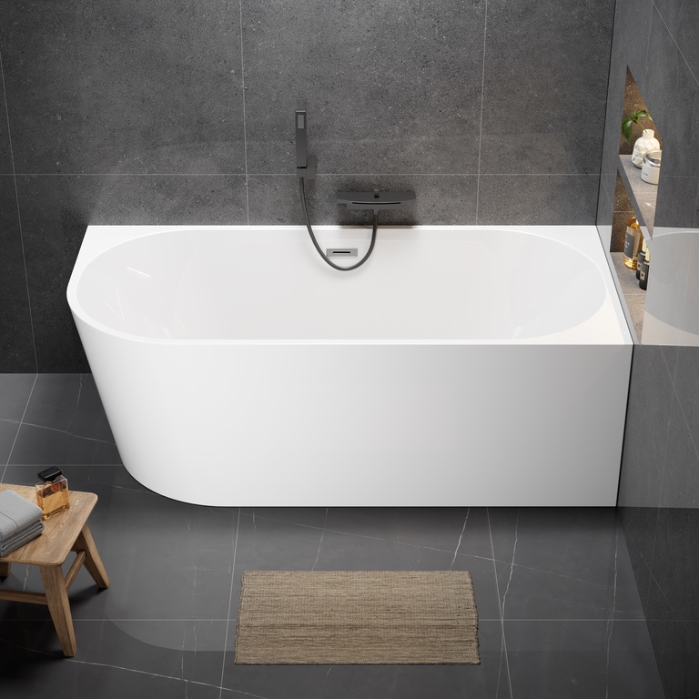 Wanny wolnostojące - Wanna wolnostojąca przyścienna NAROŻNA PULA PRAWA 170 x 80 cm biała system przelewowy centralny (5)