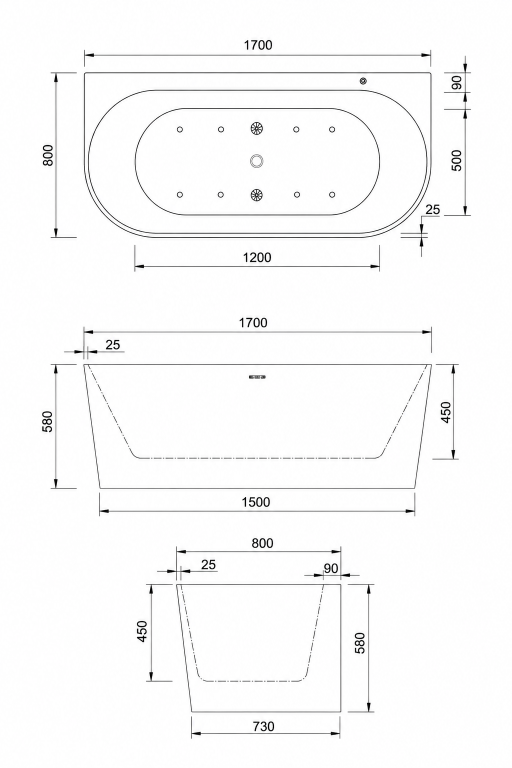 Wanny wolnostojące - Wanna Łazienkowa Doris z Hydromasażem  170 x 80 cm wolnostojąca Akrylowa LED Jacuzzi (6)
