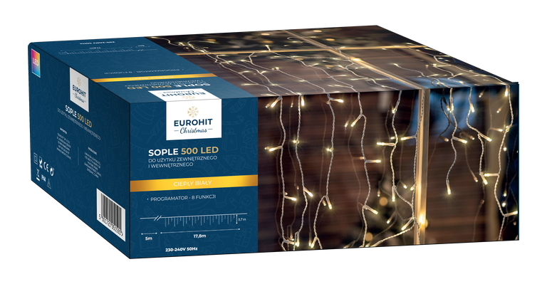 Lampki choinkowe - Lampki Sople Zewnętrzne 500LED FLASH 18M Białe Ciepłe EUROHIT Christmas (12)