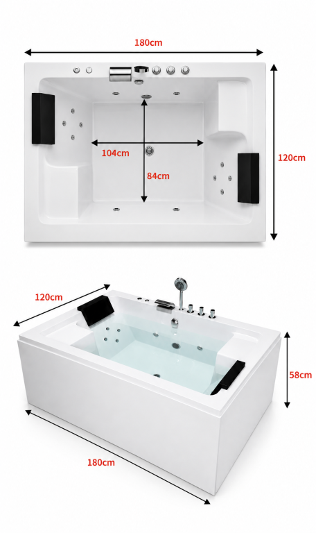 Wanny wolnostojące -  Wanna Łazienkowa z Hydromasażem  Mentona 180 x 120 cm wolnostojąca Akrylowa LED Jacuzzi SPA kompletna (7)