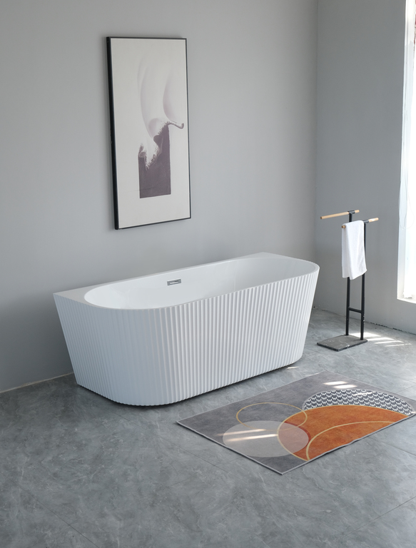 Wanny wolnostojące - Wanna Pari 170 x 75 x 58 cm wolnostojąca przyścienna w prążki biała z przelewem (2)