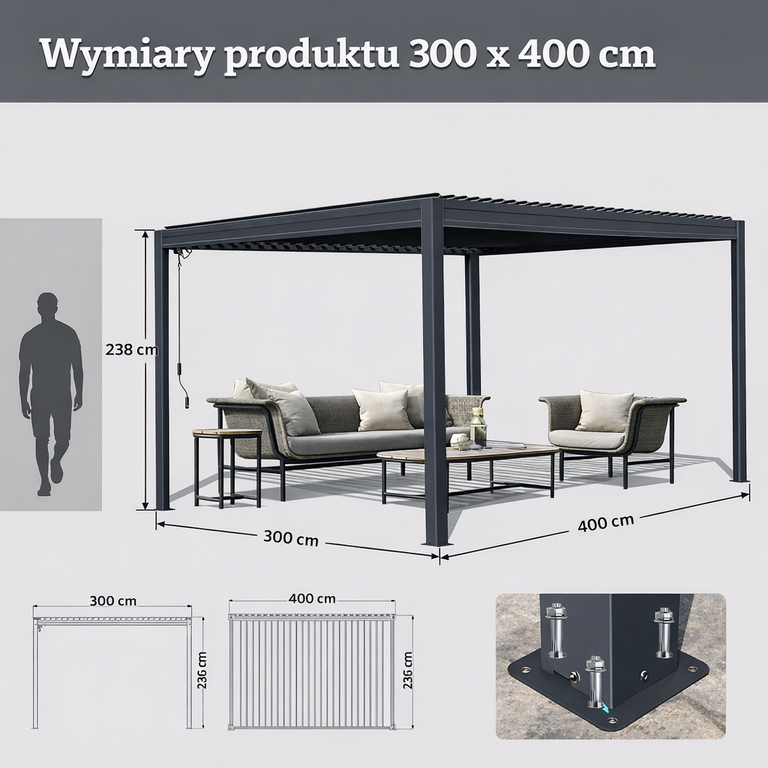 Altany - Pergola Altana Tarasowa Antracytowa z otwieranym dachem ALUMINIOWA 3x4m Corciano (5)