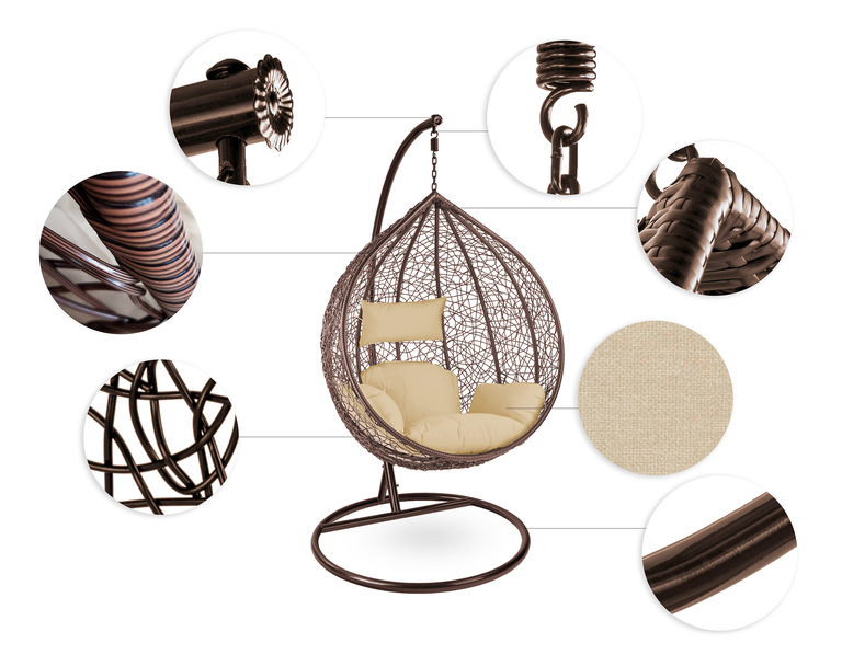 Fotele wiszące - Fotel Wiszący Santa Cruz Brązowy Stelaż Brązowy Kosz Beżowe Poduszki  (4)