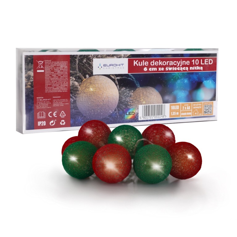 Boże Narodzenie - Ozdoba Świąteczna Cotton Balls kule 10 LED ze świecącą nitką  (1)