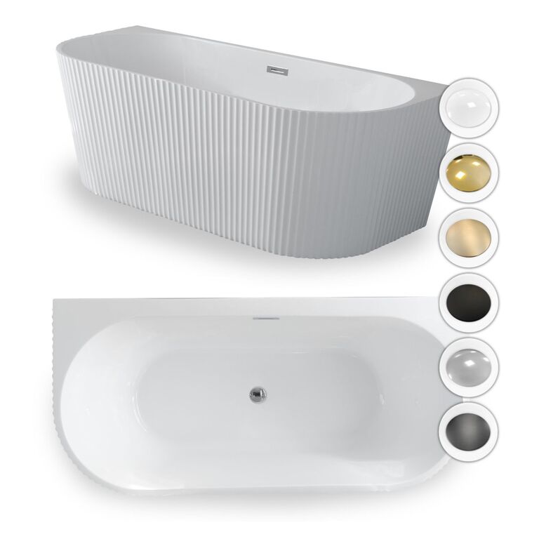Wanny wolnostojące - Wanna Pari 160 x 75 x 58 cm wolnostojąca przyścienna w prążki biała z przelewem (1)