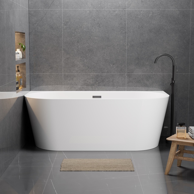 Wanny wolnostojące - Wanna wolnostojąca przyścienna 140 x 75 cm biała system przelewowy Pari (3)