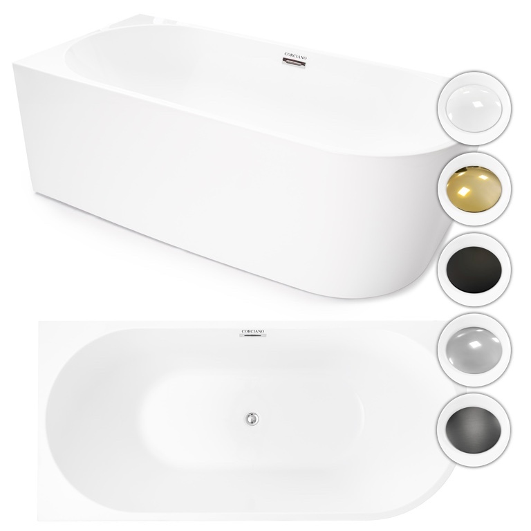 Wanny wolnostojące - Wanna wolnostojąca przyścienna NAROŻNA PULA LEWA 160 x 75 cm biała system przelewowy  (1)