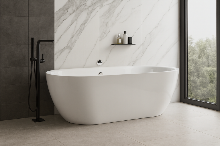 Wanny wolnostojące - Wanna wolnostojąca 150 x 75 cm biała owalna akrylowa + syfon BARI (3)