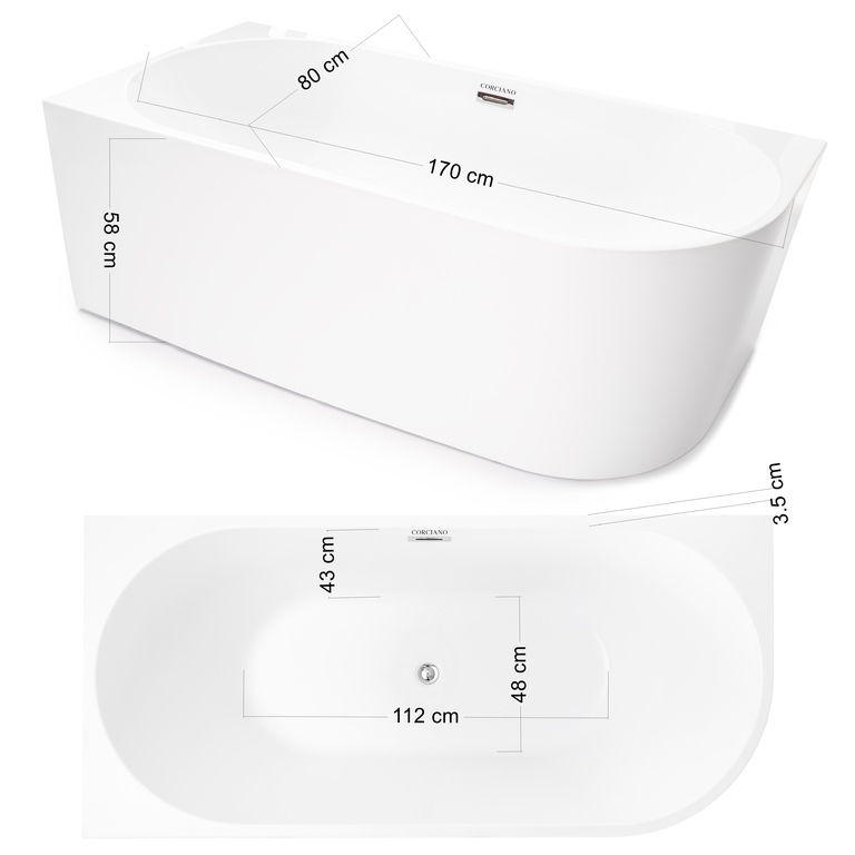 Wanny wolnostojące - Wanna wolnostojąca przyścienna NAROŻNA PULA LEWA 170 x 80 cm biała system przelewowy  (11)