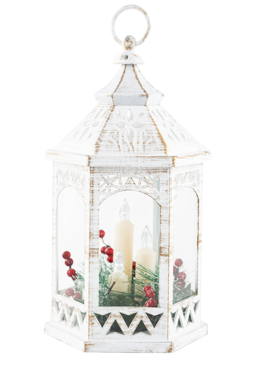 Ozdoby świąteczne - Latarenka z 3 świecami LED  i dekoracją, biała z dodatkiem złotego (3)