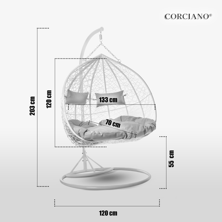 Fotele wiszące - Fotel wiszący do salonu / pokoju Lila 2 Pro biały stelaż biały kosz poduszka szara (5)