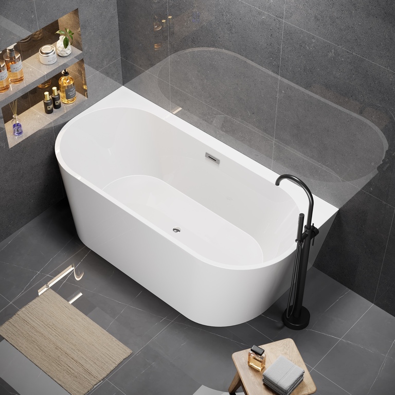 Wanny wolnostojące - Wanna wolnostojąca przyścienna 140 x 75 cm biała system przelewowy Pari (5)