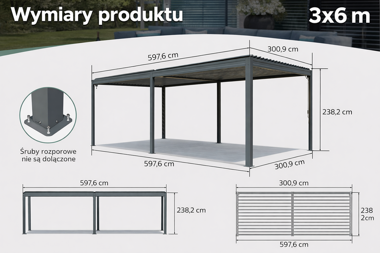 Altany - Pergola Altana Tarasowa Antracytowa z otwieranym dachem ALUMINIOWA 3x6m Corciano (6)