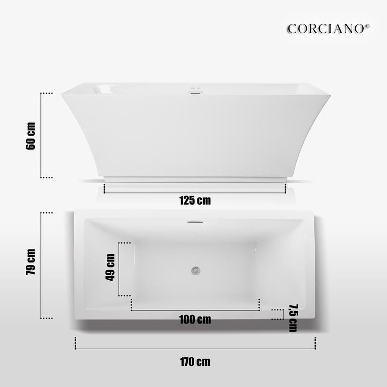 Wanny wolnostojące - Wanna wolnostojąca biała akrylowa owalna 170 x 60 cm system przelewowy + syfon Grand (8)
