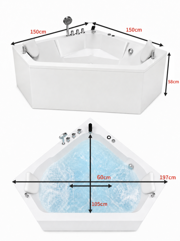 Wanny wolnostojące - Wanna Łazienkowa RIMINI z Hydromasażem  150 x 150 cm wolnostojąca Akrylowa Jacuzzi Narożna (12)