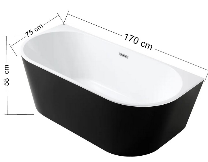 Wanny wolnostojące - Wanna wolnostojąca przyścienna 170 x 80 cm biała system przelewowy Pari Czarna (8)