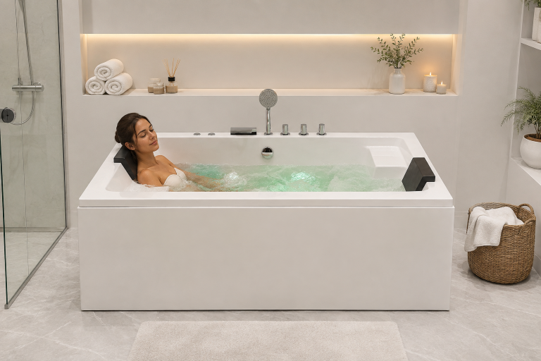 Wanny wolnostojące -  Wanna Łazienkowa z Hydromasażem  Mentona 180 x 120 cm wolnostojąca Akrylowa LED Jacuzzi SPA kompletna (9)