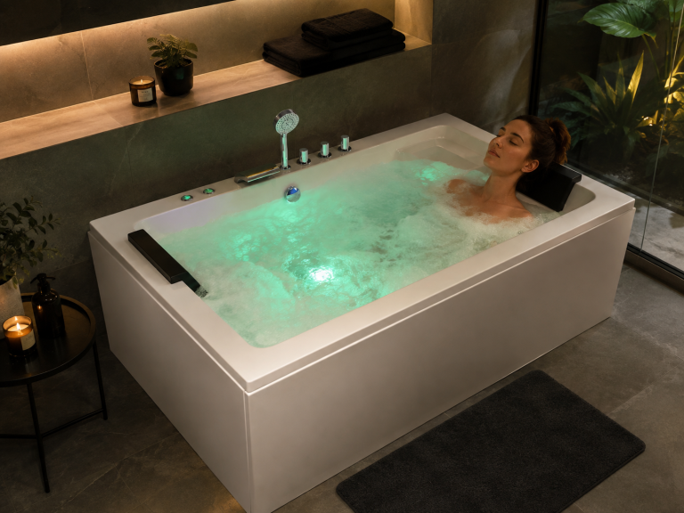 Wanny wolnostojące -  Wanna Łazienkowa z Hydromasażem  Mentona 180 x 120 cm wolnostojąca Akrylowa LED Jacuzzi SPA kompletna (8)