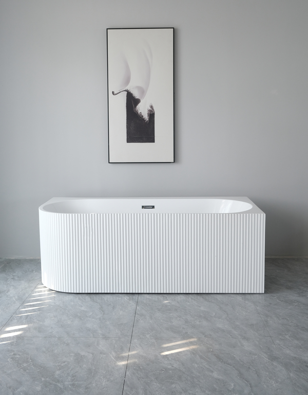 Wanny wolnostojące - Wanna wolnostojąca przyścienna NAROŻNA PULA PRAWA Prążkowana 170 x 75 x 58 cm biała system przelewowy  (2)