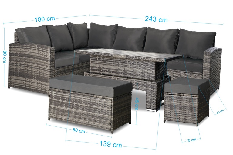 Meble ogrodowe - Zestaw Mebli Ogrodowych Malaga Zestaw Ogrodowy z technorattanu Narożnik Stolik regulowany Pufy  (2)