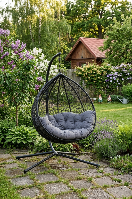 Fotele wiszące - Fotel Wiszący do OGRODU Amber Antracyt / Szary Kokon Huśtawka Wolnostojący (2)