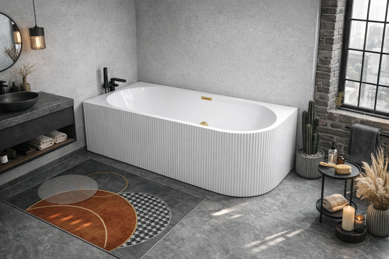 Wanny wolnostojące - Wanna wolnostojąca przyścienna NAROŻNA PULA Lewa Prążkowana 160 x 75 x 58 cm biała system przelewowy  (2)