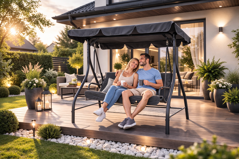 Meble ogrodowe - Huśtawka ogrodowa 3 osobowa Tokio Antracytowa Ławka Bujana  (4)