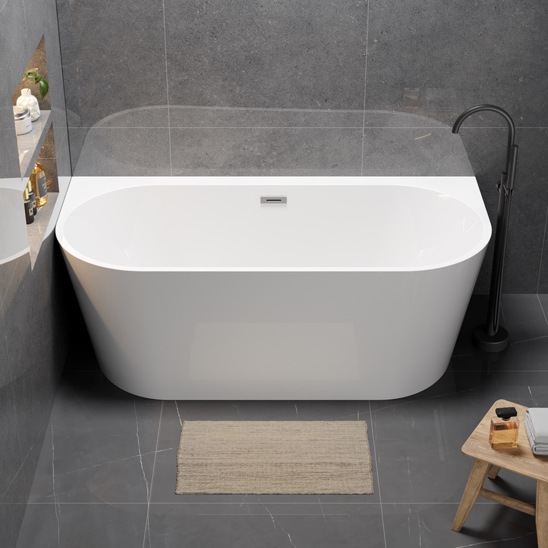 Wanny wolnostojące - Wanna wolnostojąca przyścienna 140 x 75 cm biała system przelewowy Pari (4)