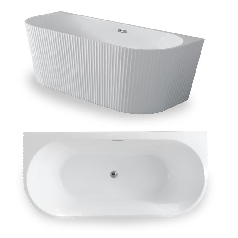 Wanny wolnostojące - Wanna Pari 160 x 75 x 58 cm wolnostojąca przyścienna w prążki biała z przelewem (4)
