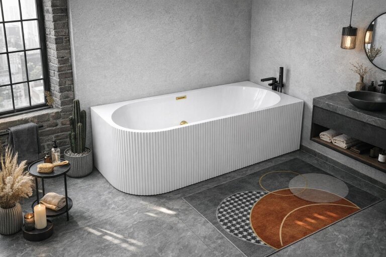 Wanny wolnostojące - Wanna wolnostojąca przyścienna NAROŻNA PULA PLUS PRAWA Prążkowana 180 x 80 x 58 cm biała system przelewowy  (15)