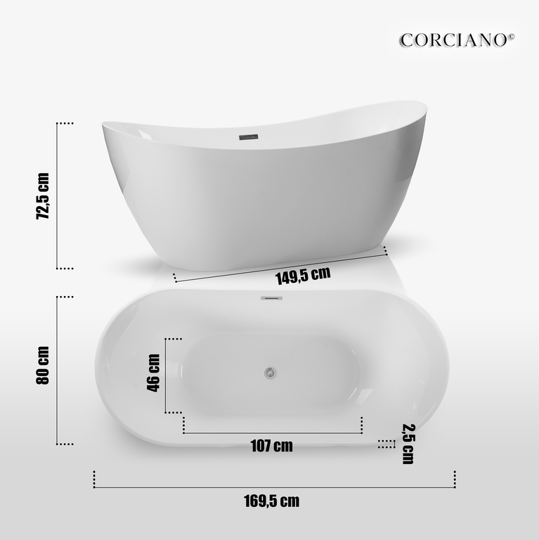 Wanny wolnostojące - Wanna wolnostojąca biała owalna 170 x 80 cm + syfon MALTA (9)